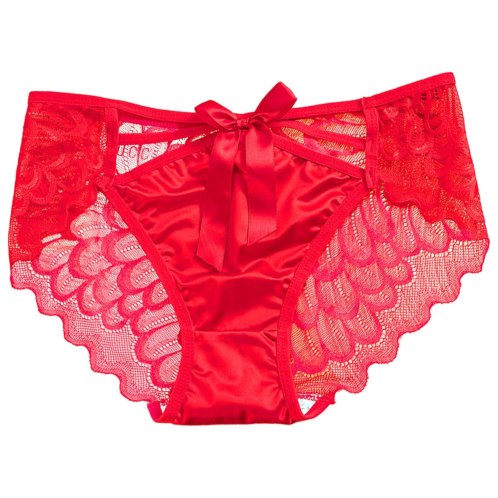 ZooChest Women's Red Lace Panties, Satin Knickers, Low Rise, French Cut, Bow Detail, See Through, Size M, 1 Count