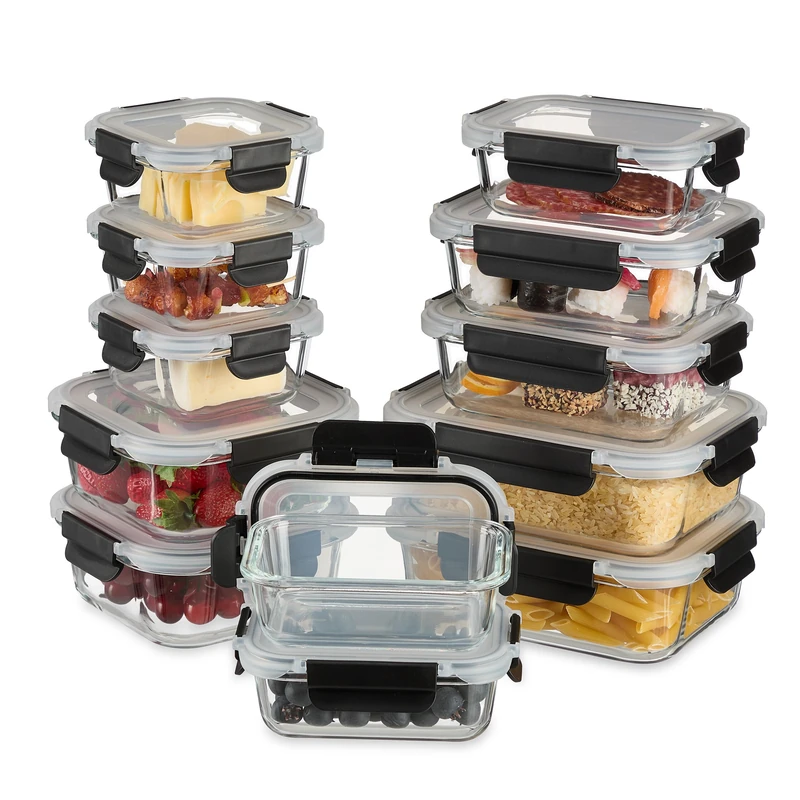 Relaxdays Glass Containers, Set of 12, 5 Sizes, Food Storage Boxes, Meal Prep, Plastic Lids, Clear/Black - Image 1
