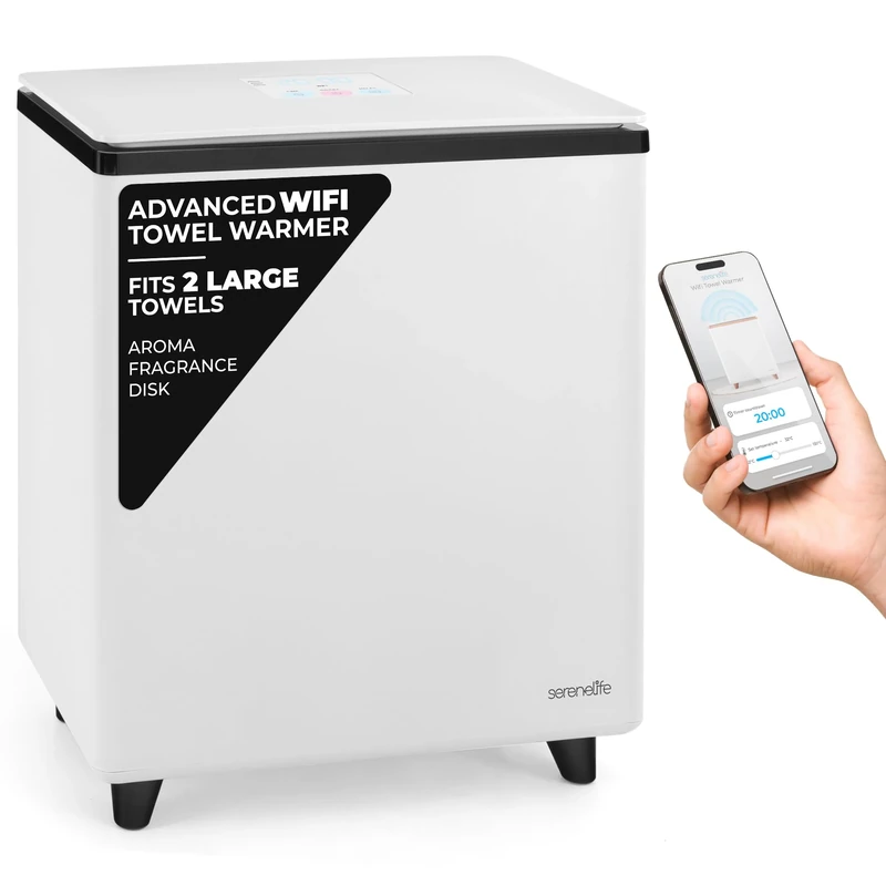 SereneLife WiFi Towel Warmer – Luxury Rectangle Spa & Bathroom Heater with Custom Fragrance, Auto Shut-Off, Fits 2 Large Towels, Blankets, Bathrobes, PJ's – Perfect Gift for Him & Her (Black)