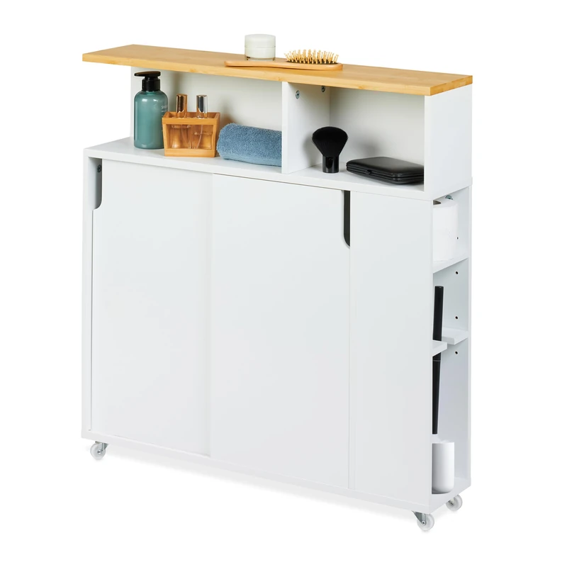 Relaxdays Slim Rolling Cart, Toilet Brush Holder, 79x17x75 cm, Bathroom Storage Trolley, MDF, Bamboo, White/Natural, Fibreboard, Plastic