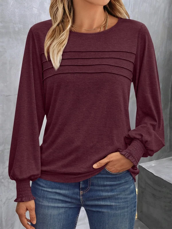Generic Women's Wine Red Long Sleeve Tunic - Business Casual Blouse