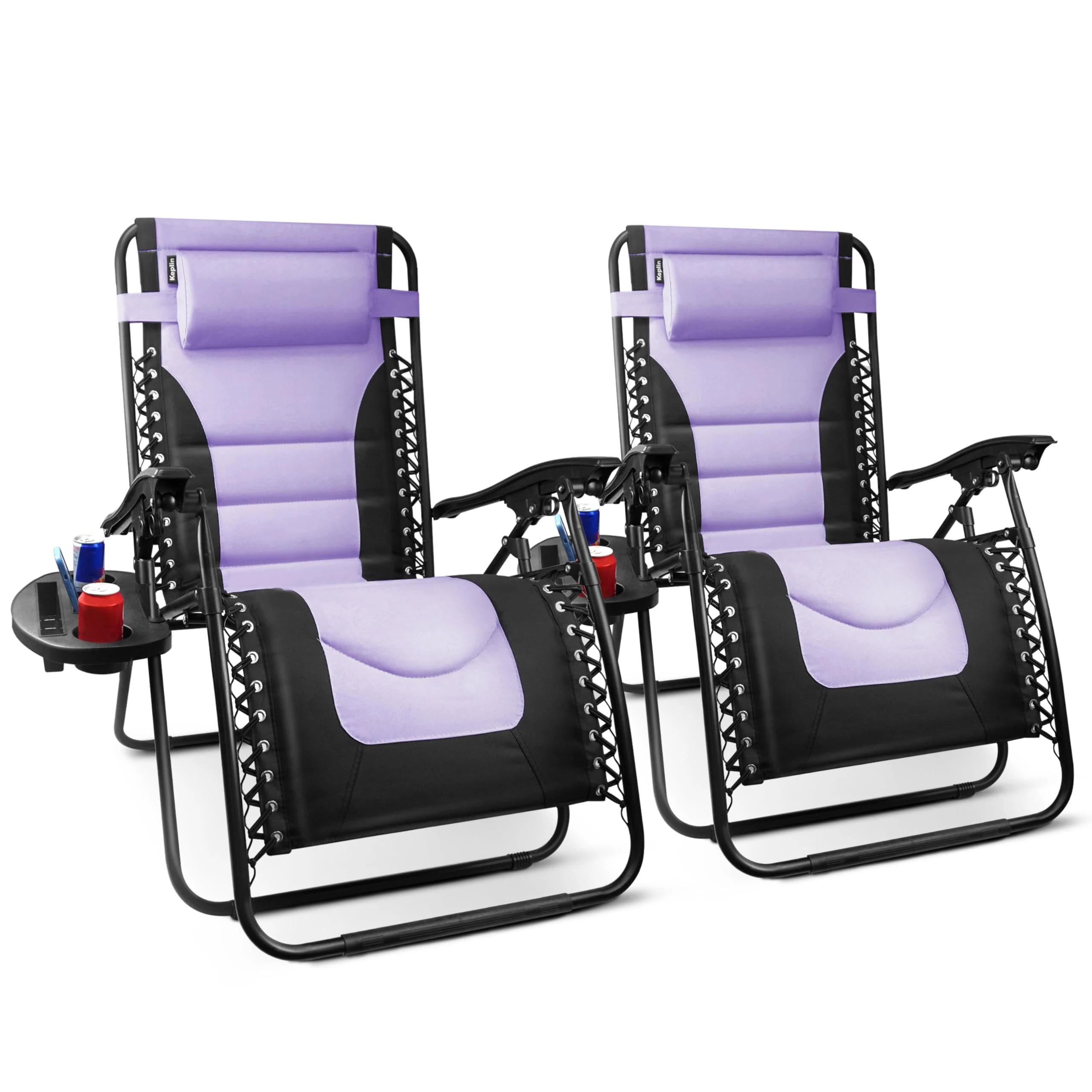 KEPLIN Set of 2 XXL Premium Heavy Duty Padded Zero Gravity Chairs - Luxurious Garden Recliners, Adjustable Headrest, Cup & Phone Holder, Foldable, Easy to Clean Patio Sun Loungers (Lilac)