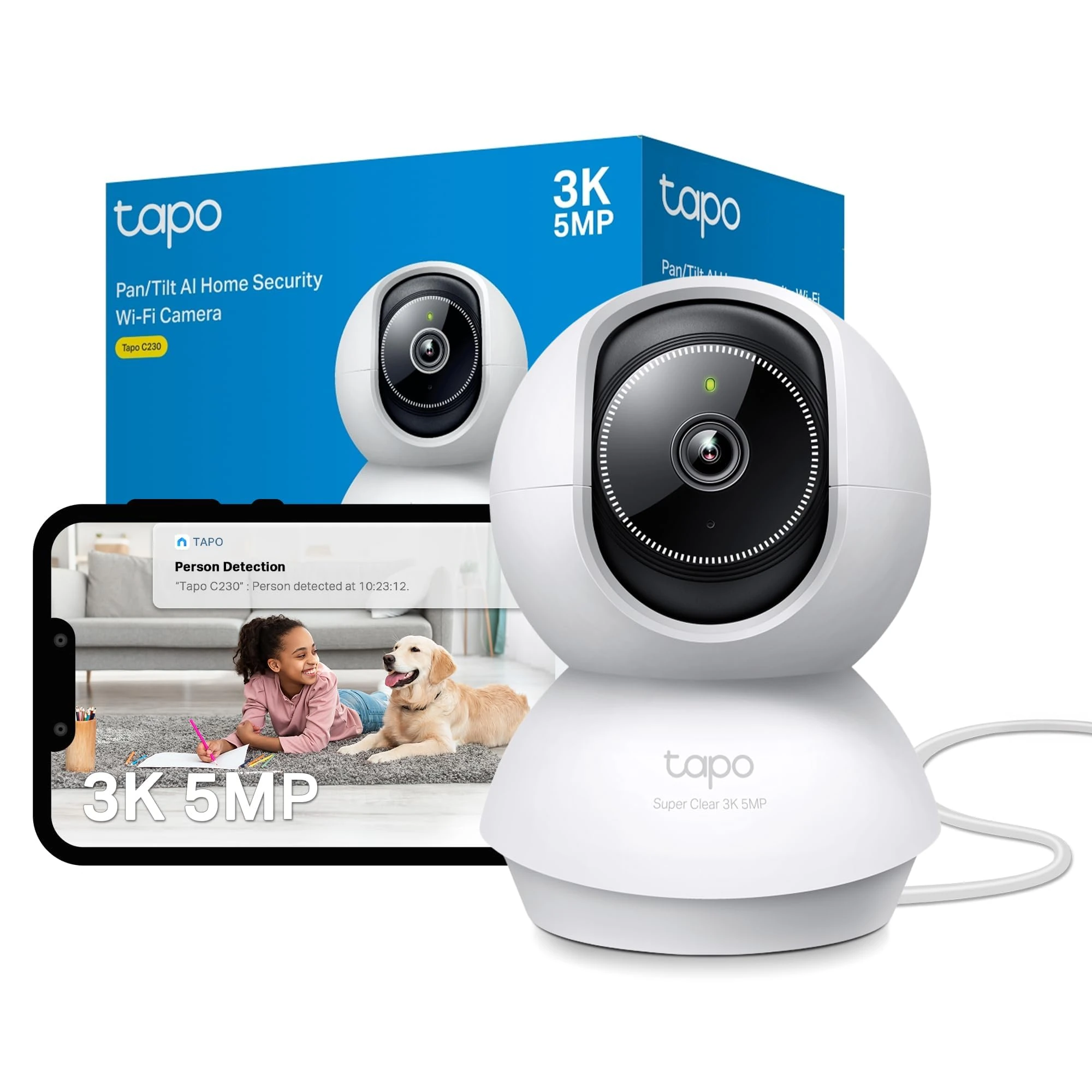 Tapo C230 3K 5MP Indoor Camera, Smart AI Detections - Person Pet Baby Cry, Pan/Tilt 360° View, Security Carmera No Monthly Fee, Enhanced Night Vision, Two-way Audio, Works with Alexa & Google