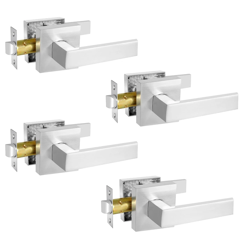 RAZCC Passage Door Lever, Satin Nickel Interior Door Handles for Hallway and Closet, Heavy Duty Square Interior Keyless Door Handles Non-Locking Door Levers, 4 Pack