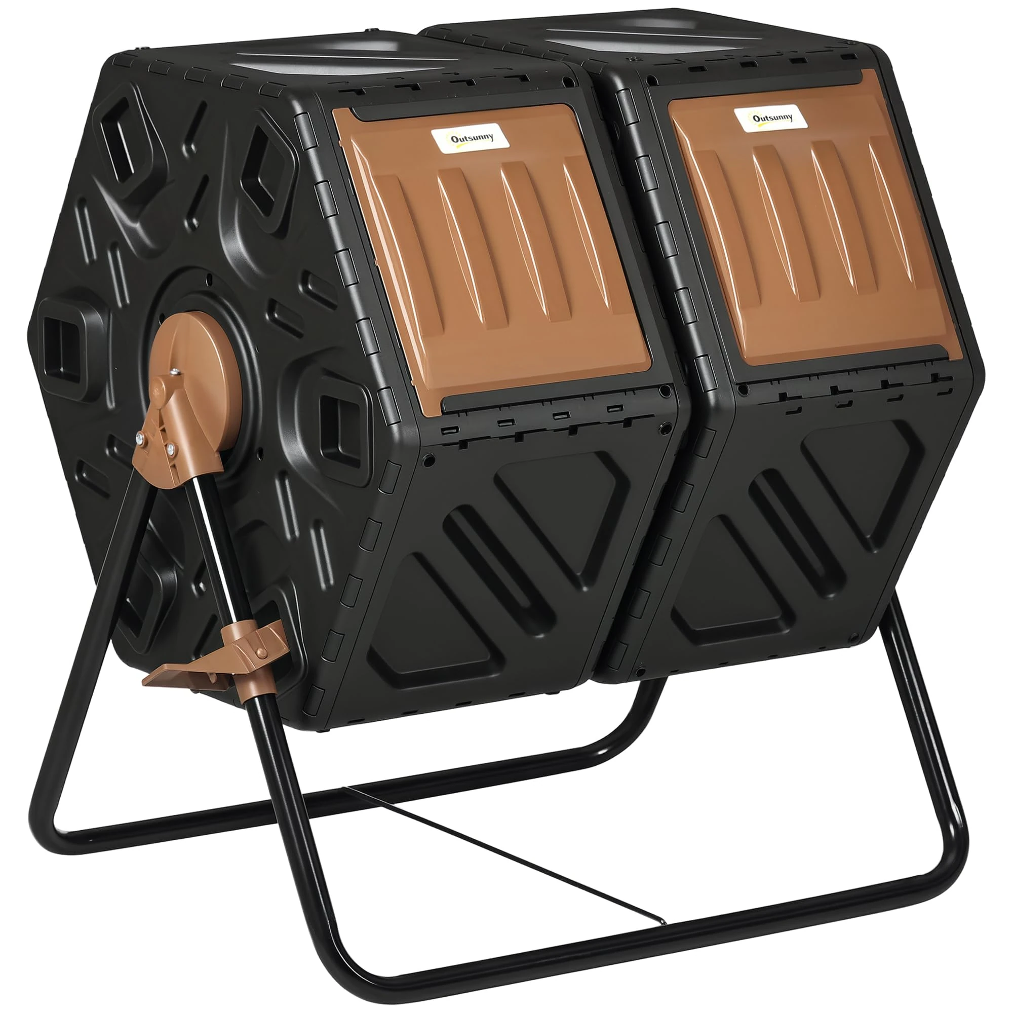 Outsunny Dual Chamber Garden Compost Bin, 130L Rotating Composter, Compost Maker with Ventilation Openings and Steel Legs, Dark Brown and Black