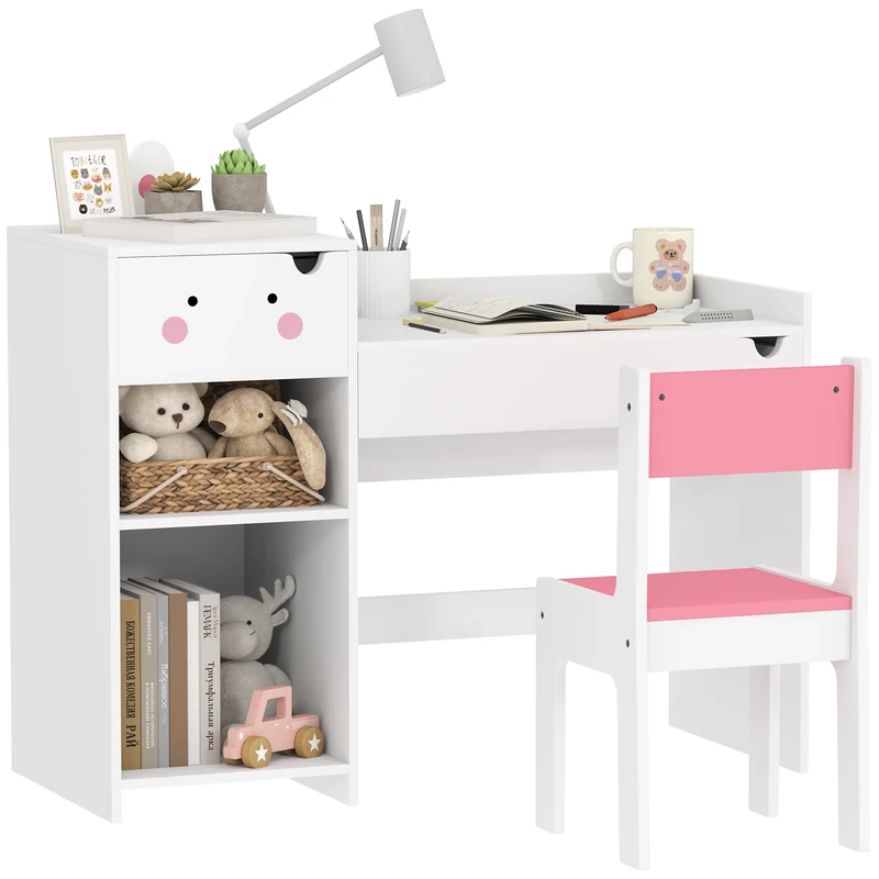 AIYAPLAY Kids Desk and Chair Set, Toddler Table and Chair Set with Drawers, Bookshelf, Storage Shelves, for Ages 3-6 Years, White/Pink