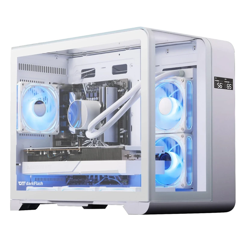darkFlash MATX Gaming PC Case with Screen, Three Side Glass Micro-ATX Case, Curved Full View Dual, 3 PWM ARGB Fans Computer Case Pre-Installed, Type C, RTX 40 Compatible, White(L280M)