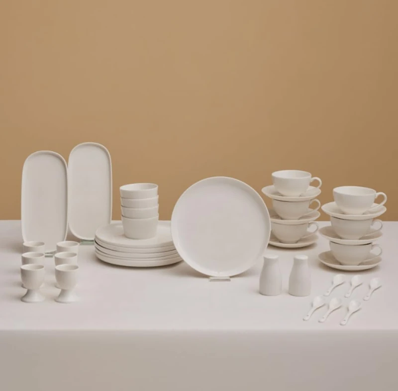 Karaca Favaro Breakfast and Serving Set for 6 People, 38-Piece Crockery Set, Modern Tableware Set, Ceramic Plate Set, White