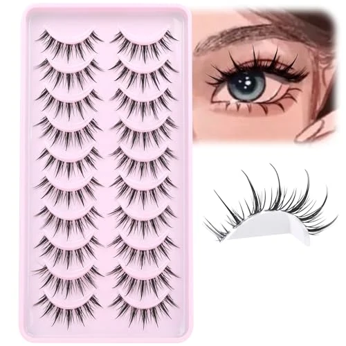 Manga Lashes Wispy Natural Look False Eyelashes Spiky Eyelashes Anime Fake Eyelashes Stripes 3D Doll Lashes False Eye Eyelashes with Invisible Eyelash Band 10 Pairs