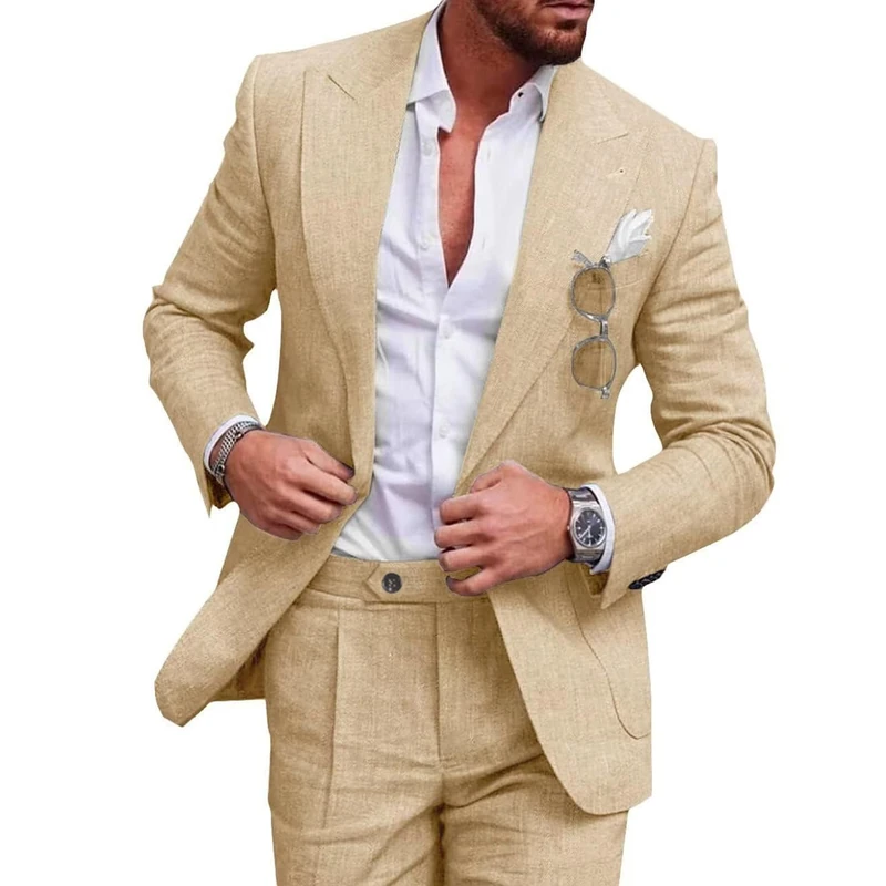 UNINUKOO Linen Suit for Men Summer Wedding 2 Piece Suit Set Peak Lapel Casual Blazer Pants Beach Wear for Men, Champagne, L
