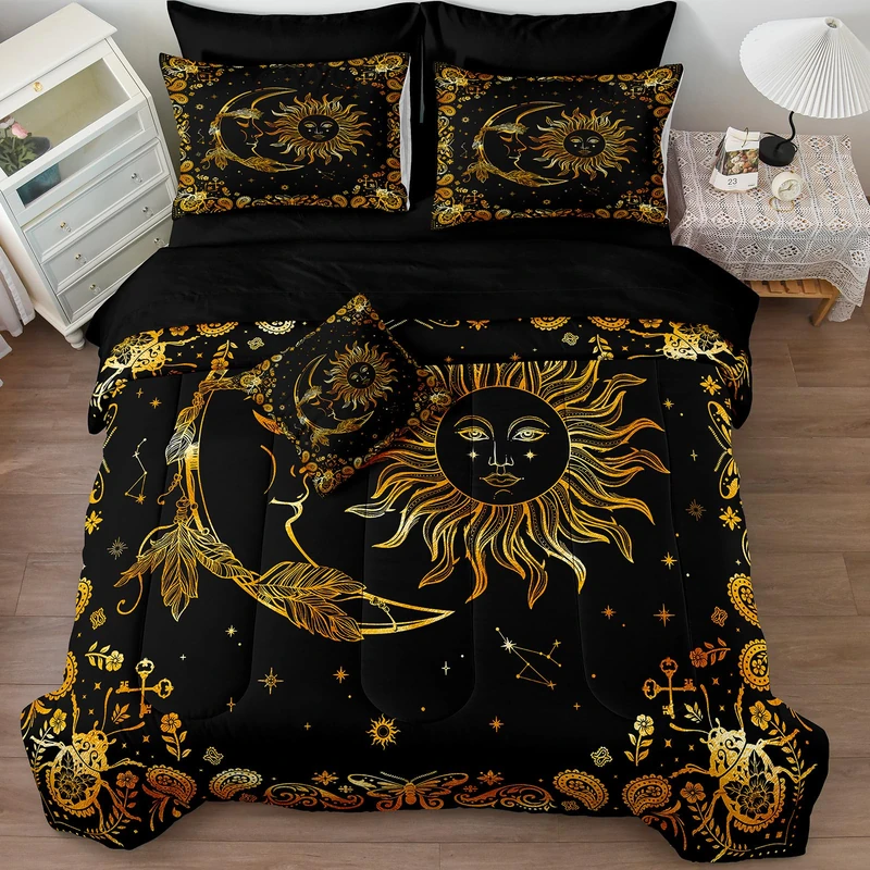 Chumerry Black Gold Comforter Sets Sun and Moon Bedding Gold Stars Starry Sky Galaxy Theme Boho Chic Bedding Comforter Paisley Floral Botanical Exotic Comforter King Bed in A Bag