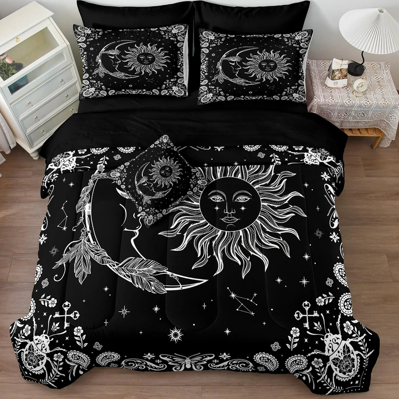 Chumerry Sun and Moon Comforter Set 8 Pcs Black White Paisley Bedding Sets Stars Starry Sky Galaxy Theme Boho Comforter Paisley Floral Exotic Bedding Comforter Queen Bed in A Bag