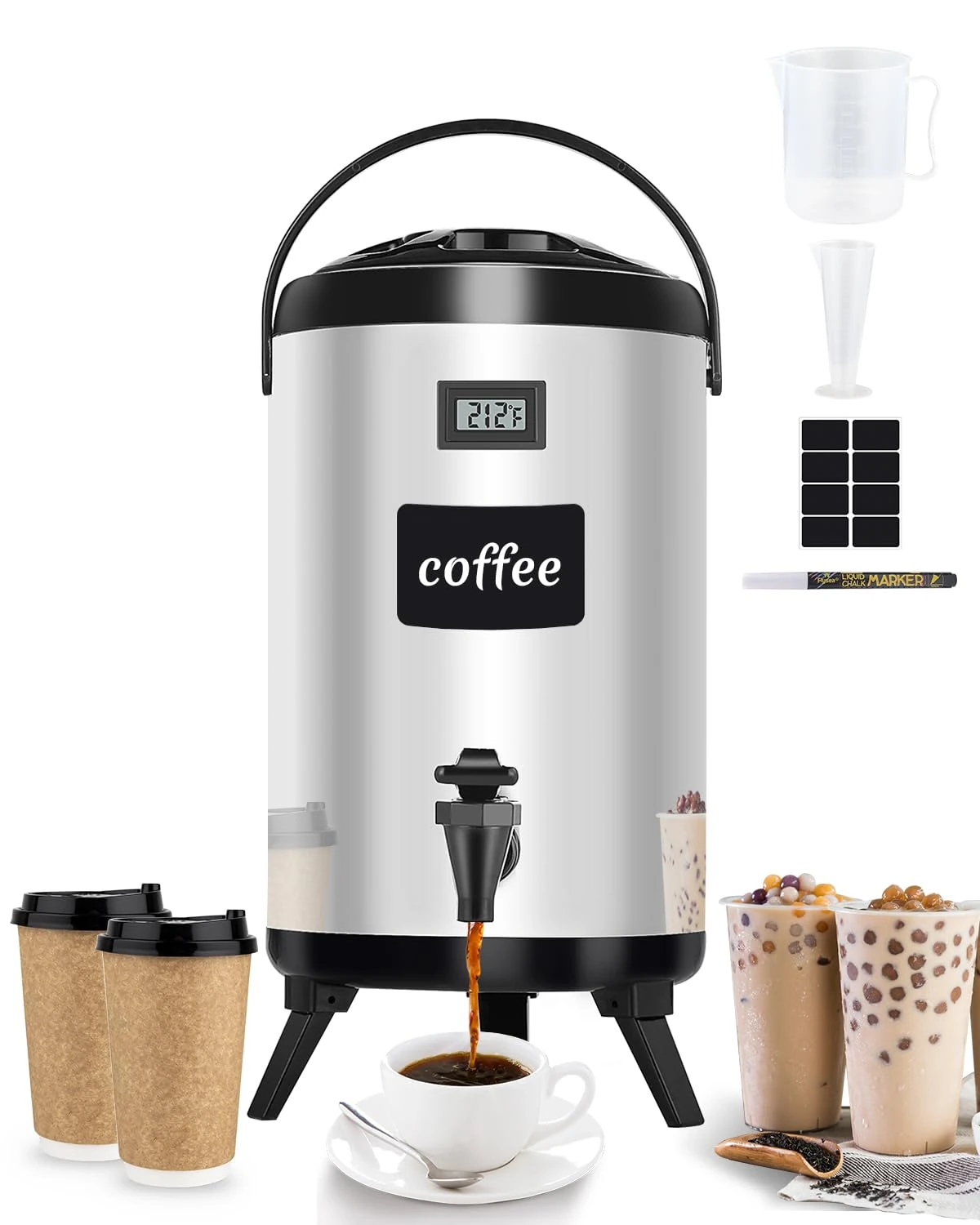 Insulated Beverage Dispenser 2.7 Gal - Hot Drink Dispenser 304 Stainless Steel w/Real-time Thermometer Iced Beverage Dispenser Water Milk Tea Coffee for Parties Catering Commercial w/Labels, Silver