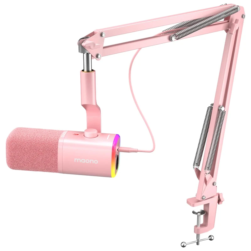 MAONO Dynamic Microphone with Software: USB XLR Podcast Computer Microphone with Boom arm - RGB PC for Gamer - Podcast Microphone for Streaming Recording Studio YouTube Online Chat (PD100XS Pink)
