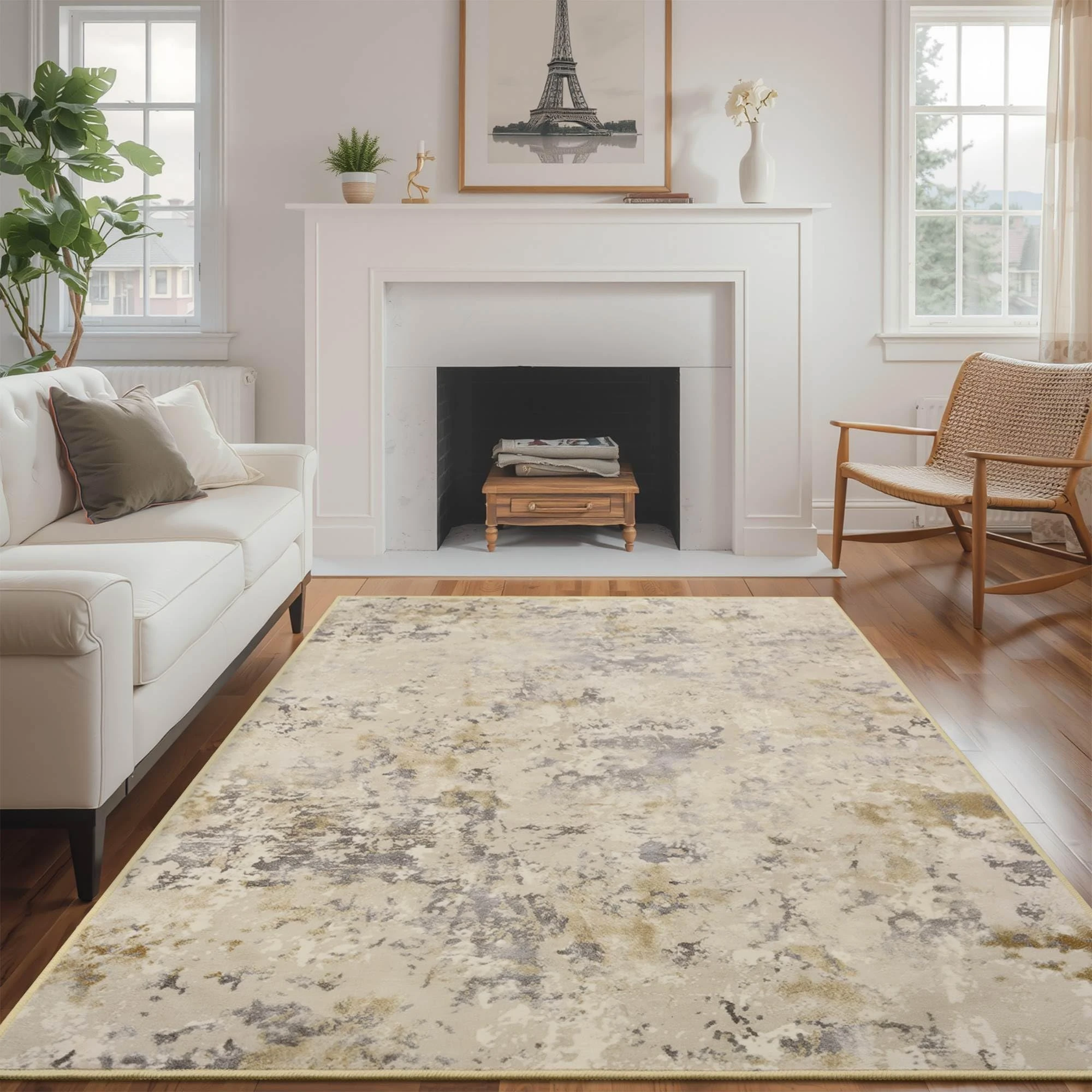 ULTSOFE 8x10 Beige Area Washable Rugs for Living Room, Abstract Modern Non Slip Bedroom Rugs, Neutral Large Low Pile Carpet Stain Resistant for Dining Room, Kids Playroom, Office