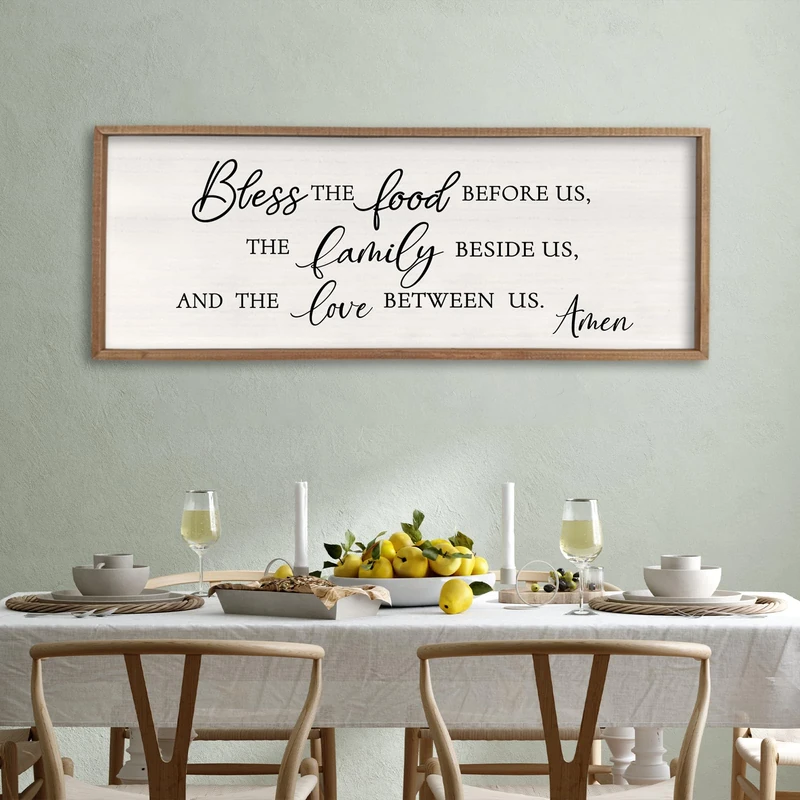 Surfapans Bless the Food Before Us Sign Wall Decor 40"X15" ofr Dining Room Kitchen Home Framed Wood Wall Art (Wood White)