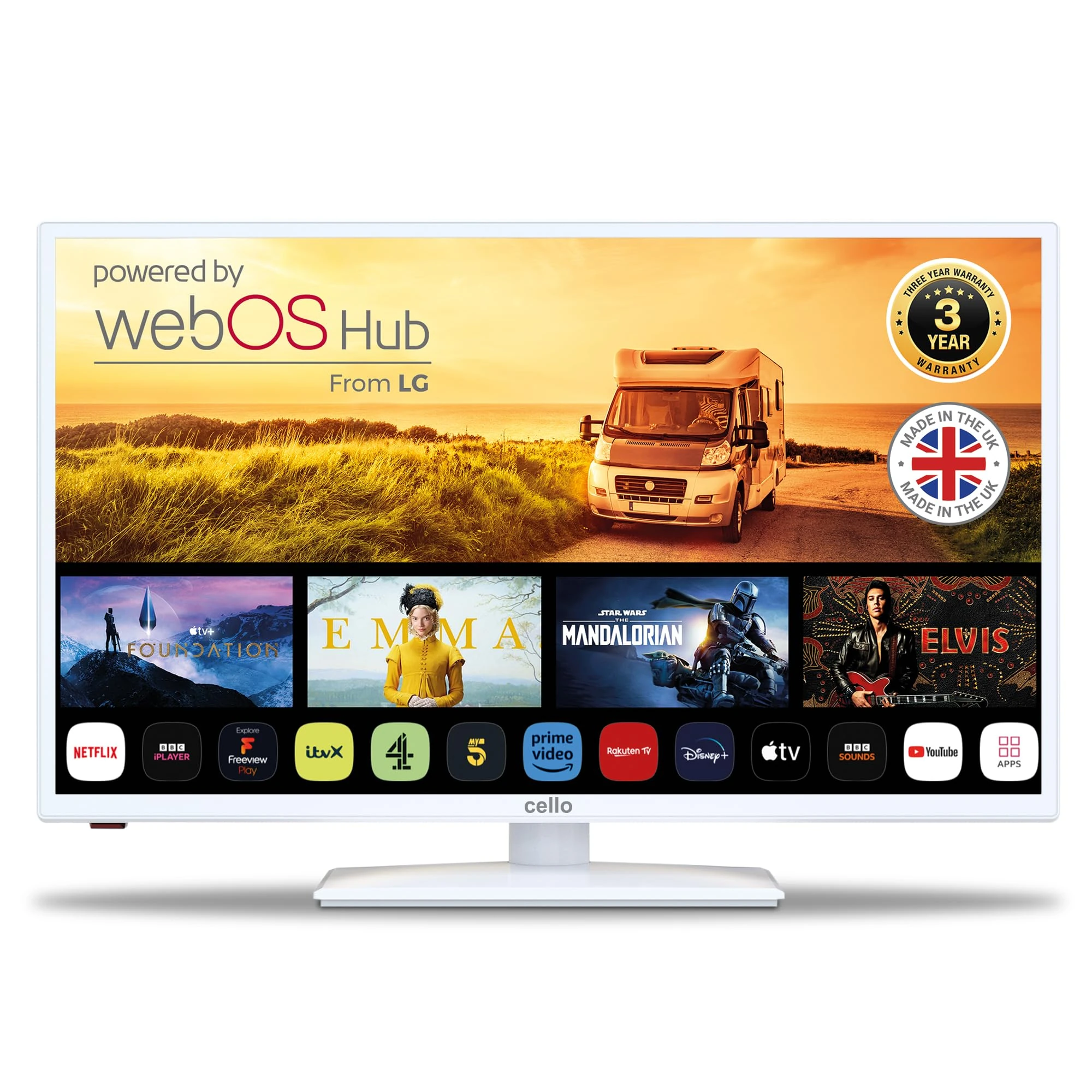 Cello White 12 Volt 32 inch Traveller Smart TV, 3 Years Warranty, Made in UK Ultrafast WebOS, Freeview Play, FreeSat, Bluetooth, Netflix, Apple TV, BBC. TV for Campervans, Motorhomes, HGVS