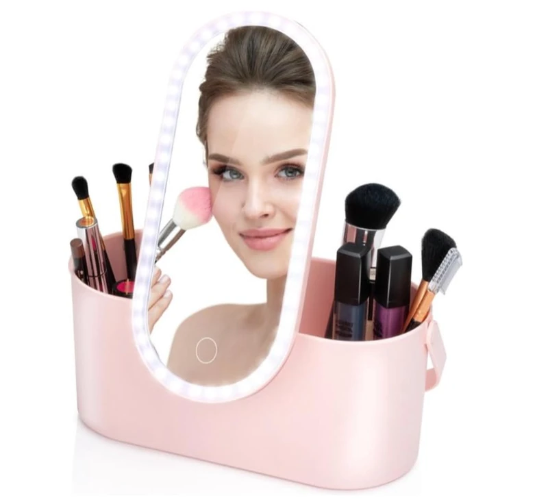 Touch of Beauty Make Up Organiser with LED Mirror - Travel Cosmetic Bag - 24.1 x 10.4 x 11.7 cm - Adjustable LED Lighting - Includes USB Charging Cable - Plastic - Pink