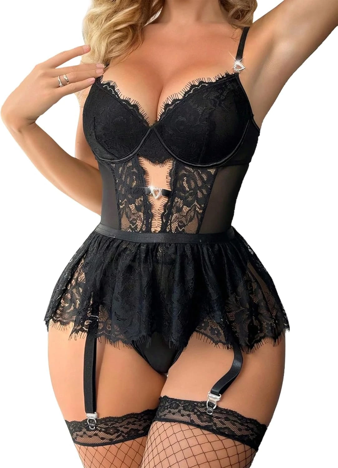 Metsitlife Women Lingerie Set Sexy Eyelash Lace Bodysuit with Garter Belt Removeable Skirt Teddy Babydoll Lingerie Black S