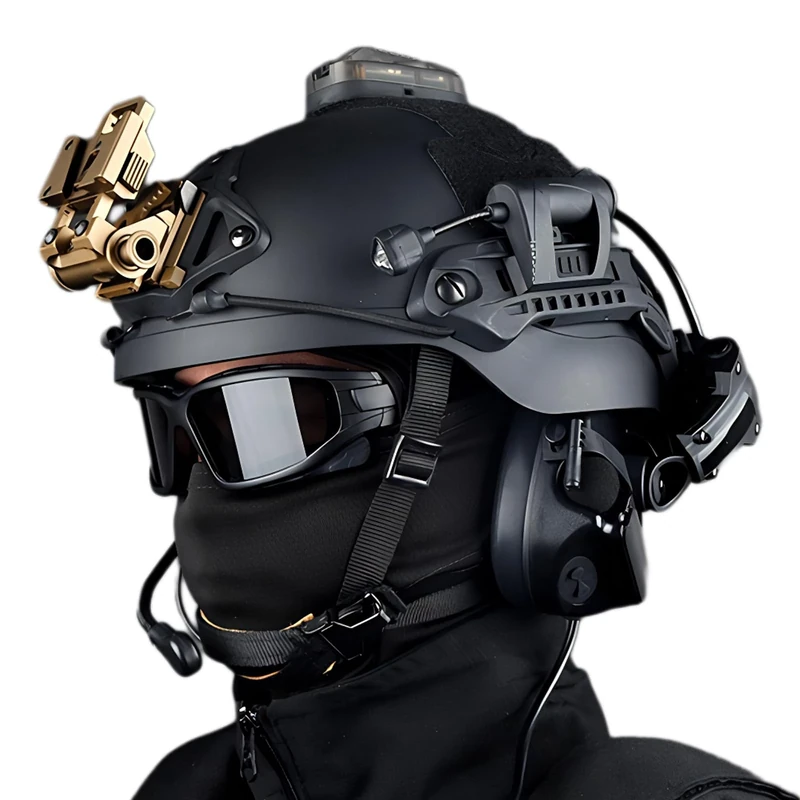 KBFLWBF Tactical Helmet with Noise Cancelling Headset Flashlight Goggles Signal Flashing Light Mask L4G24 Mount and NVG Model Adjustable Outdoor Hunting Gear for CS Paintball Airsoft Cosplay Game H