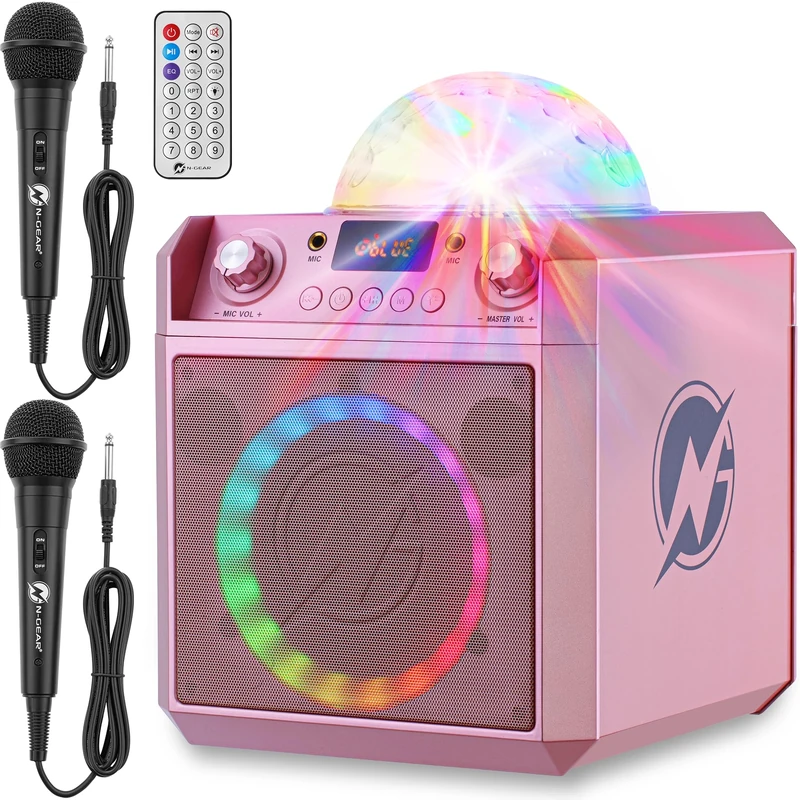 N-Gear Block Party 602 Pink portable Bluetooth party speaker, 50 W RMS / 300 W Peak, 6-inch (15 cm) woofer, 2 microphones, LED lights, USB/microSD/AUX, rechargeable battery 4–6 h