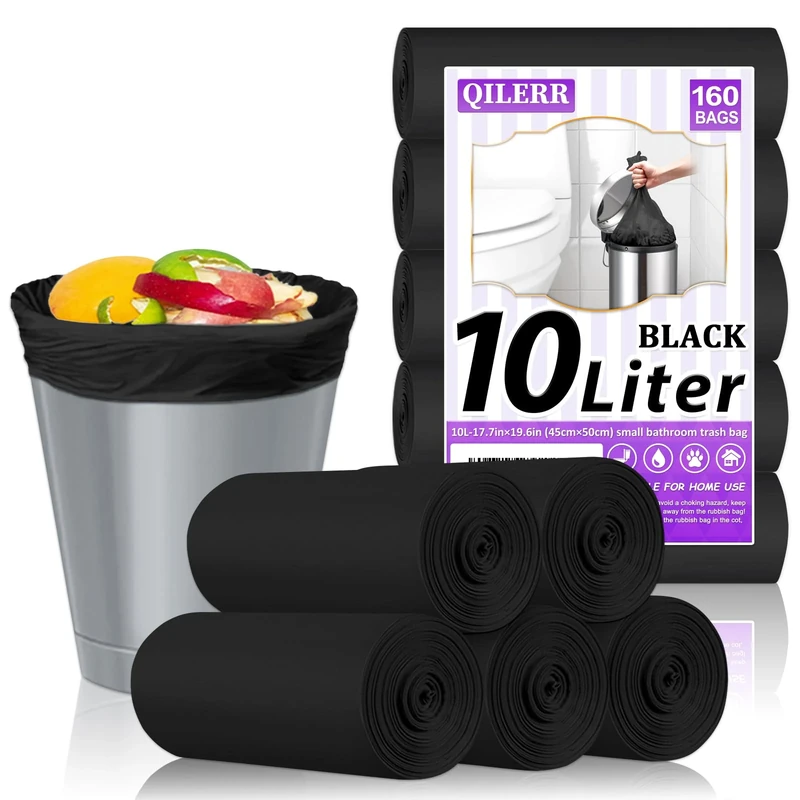 QILERR 10 Liter Small Black Bin Bags 160 Count Extra Thick Pedal Bin Liners Heavy Duty Waste Paper Rubbish Bag for Bathroom, Toilets, Kitchen, Office, Fit 10 to 15L Bin
