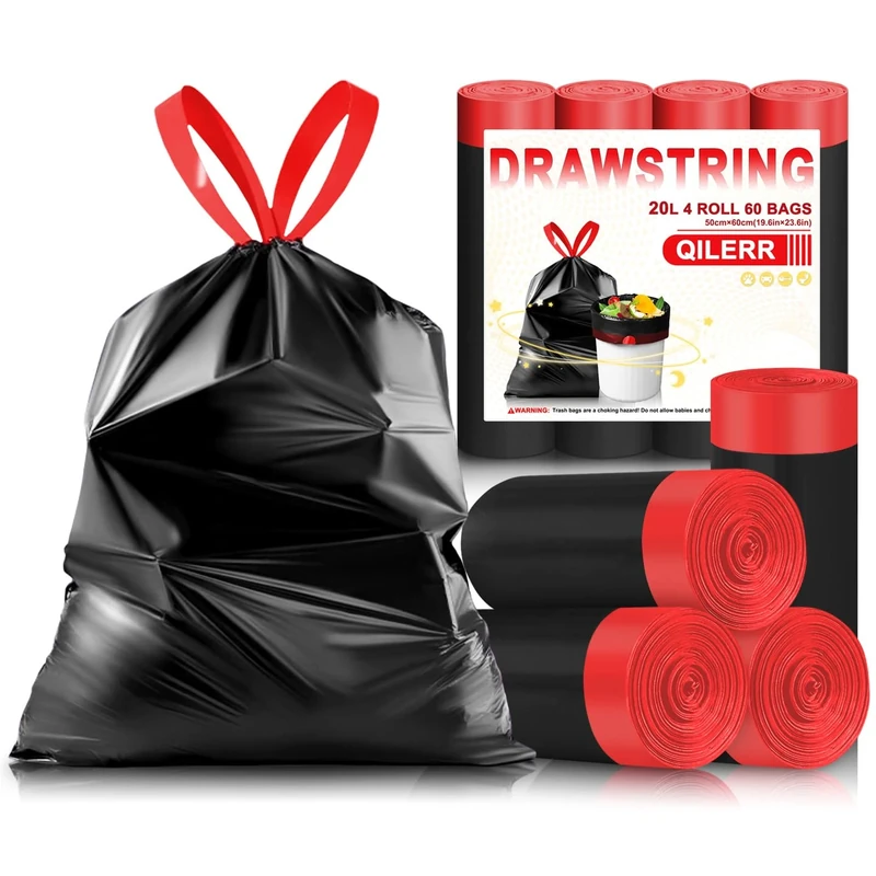Bin Bags 20L Thick Drawstring Bin Liners with Tie Handles - 60 Count Pedal Trash Bags for 15-20L Bins, Fits Bathroom, Kitchen, Office, Bedroom, Black