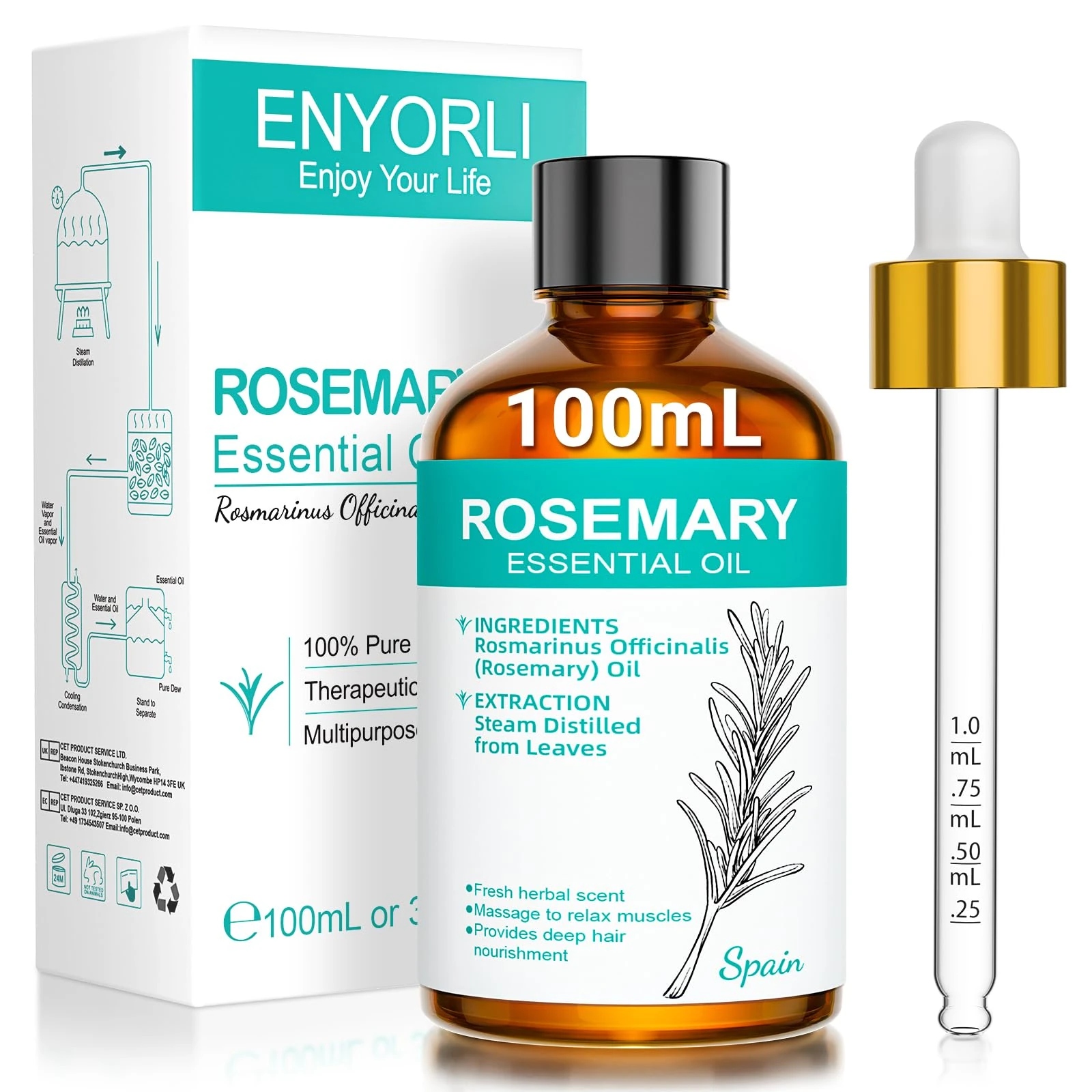 ENYORLI Rosemary Essential Oil 100ml Rosemary Oil Organic 100% Pure High Potency with Grade Purity for Diffuser Aromatherapy Skin Care Stress Relief Scalp Health Home Wellness