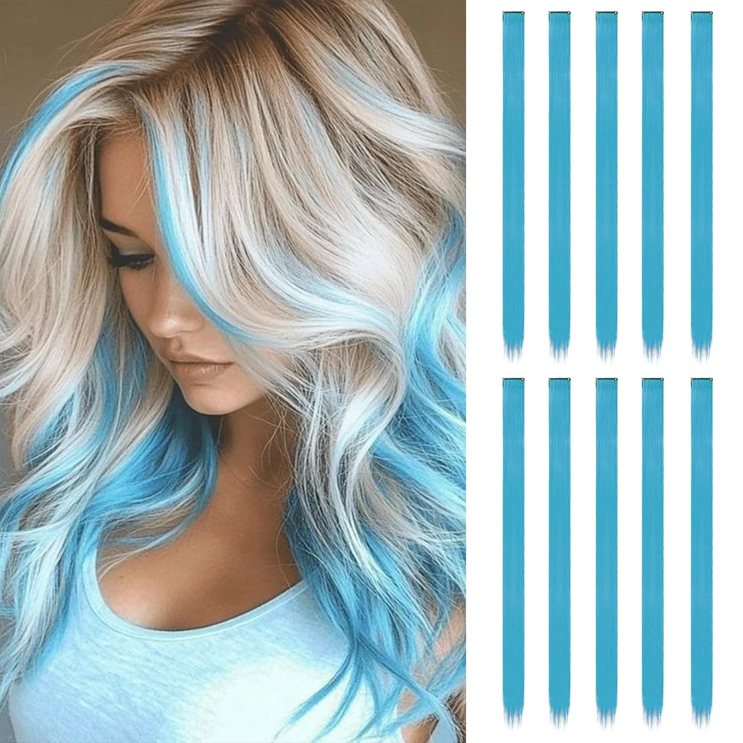 10 Pcs Blue Hair Extensions | 22 In Long Straight Fake Hair | Clip In Hair Extension | Hair Accessories for Girls (Lake Blue)