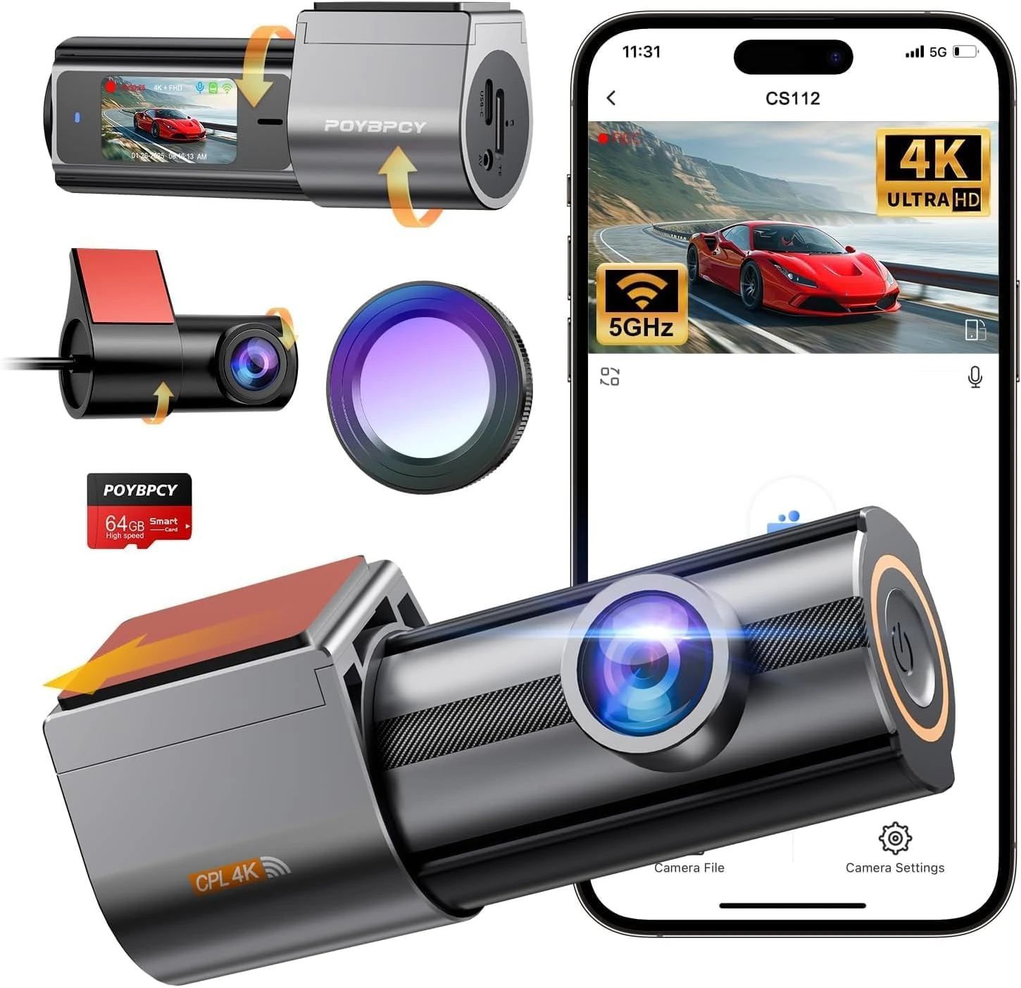 Dash Cam Front and Rear 5GHz WiFi Dashcam with CPL, 4K+1080P Dual Dashcams for Cars, 1.47" IPS Dashcam with 64GB SD Card, App Control, 24H Parking Mode, Super Night Vision Car Camera, Loop Recording