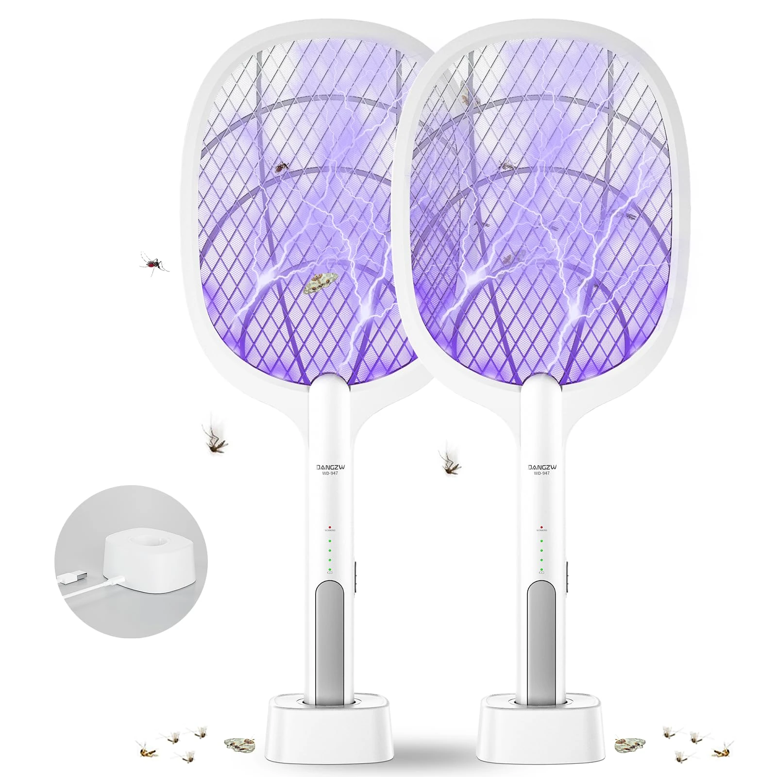DANGZW Electric Fly Swatter, 4000V USB Rechargeable Fly Killer Bug Zapper Racket with Charging Base, Home and Outdoor Mosquito Killer with LED Light for Mosquitoes, Flies, Bees, Moths (White)