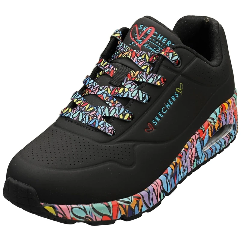Skechers Women's Uno Ravaged Love Sneaker, Black Duraleather/Multi Trim, 3 UK