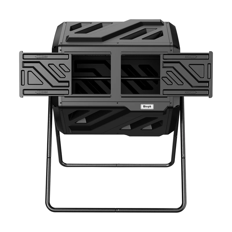 Werph Compost Bin, Outdoor Composter, Fast Assembly 43 Gallon Dual Chamber Outdoor Compost Tumbler, Heavy Duty Tumbling Rotating Composter for Patio, Garden,Yard, Black, Easy Setup, Gloves Included