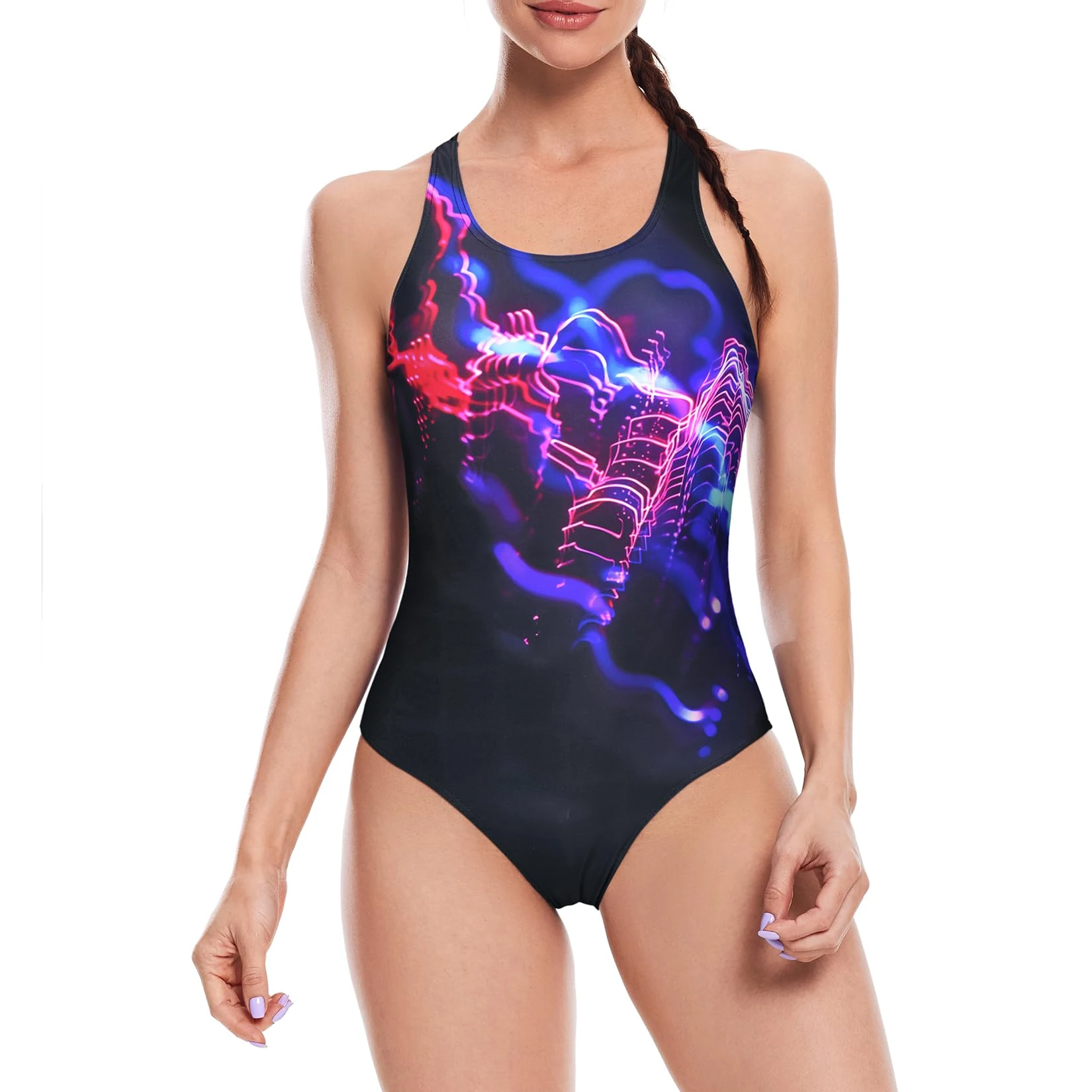 Veranobreeze Women's Athletic Print One Piece Swimsuits Training Swimwear Racerback Competitive Bathing Suit for Women(Dynamic Neon, UK14)