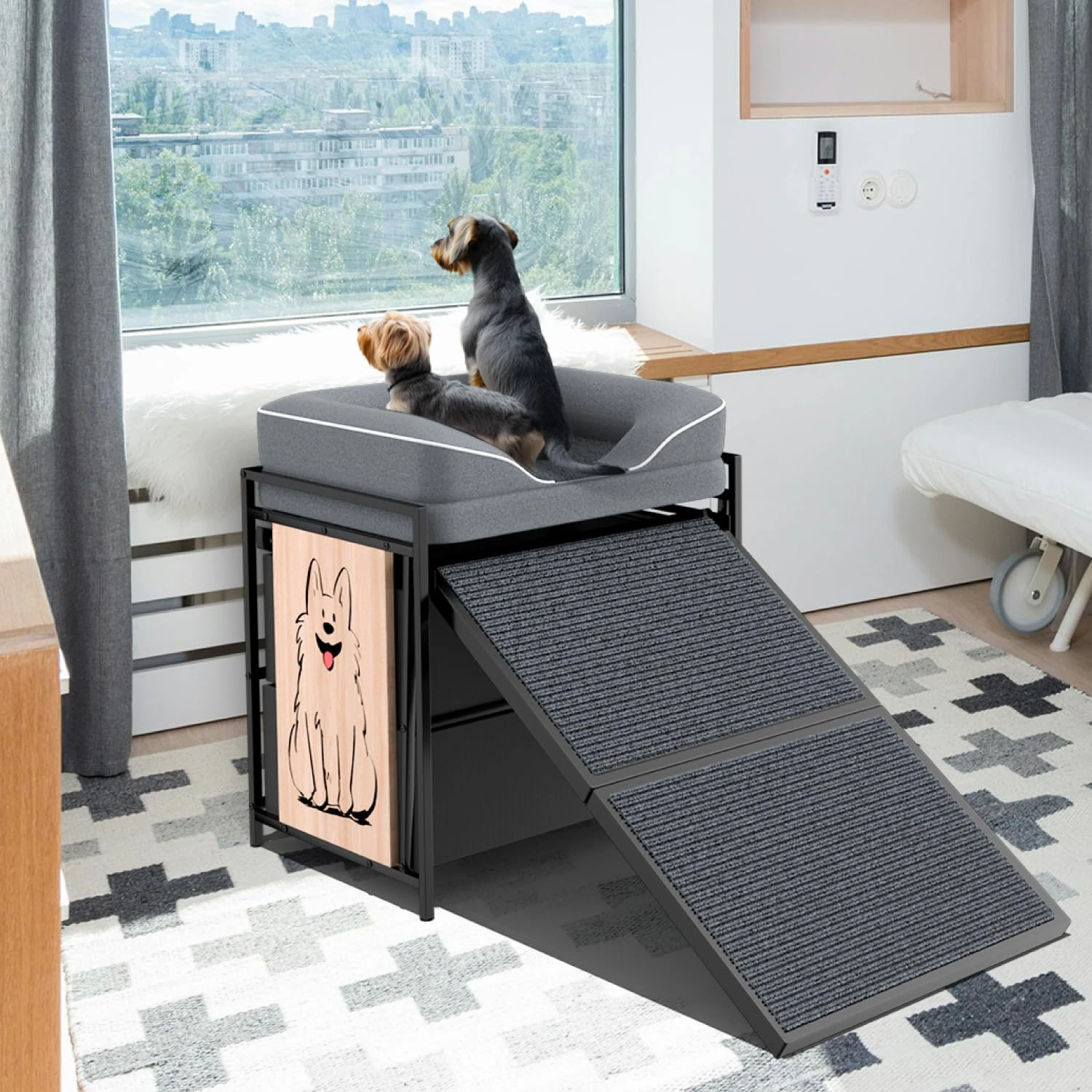 RDCMKL Pet Sofa for Dogs and Cats to Stay Close While You Work or Game with Ramp and Storage Drawers, Bedside Lounge or Dog Window Perch, Sturdy Design, Ideal for Small Pets