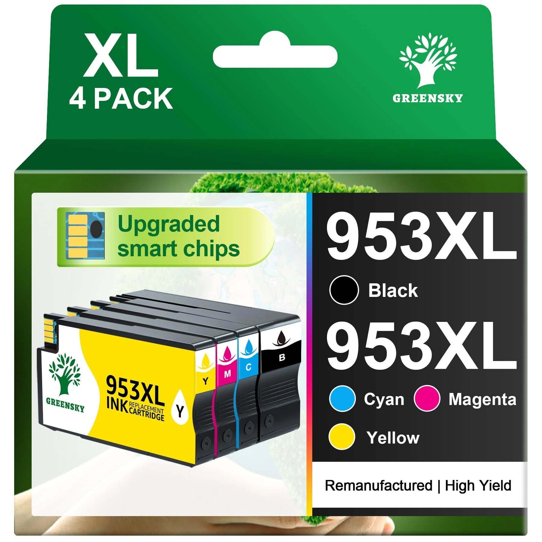 GREENSKY 953XL Ink Cartridges Multipack High Yield Remanufactured for HP 953 XL Ink Compatible With HP OfficeJet Pro 7720 7740 8710 8720 8715 8210 8725 Printers (Black Cyan Magenta Yellow, 4 Pack)