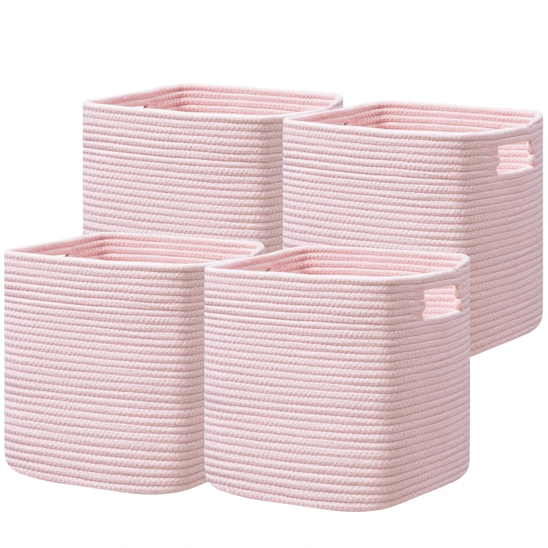 UBBCARE Set of 4 Storage Cubes-13 X 13 X 13 in, Cotton Rope Basket for Shelves, Toys, Book, Cube Storage Bins with Handles, Woven Storage Basket for Organizing, Pink