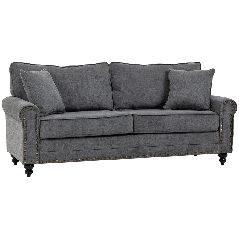 HOMCOM 196cm 3 Seater Sofa, Modern Fabric Sofa with Turned Legs, Nailhead Trim, Cushions and Pillows for Living Room, Grey