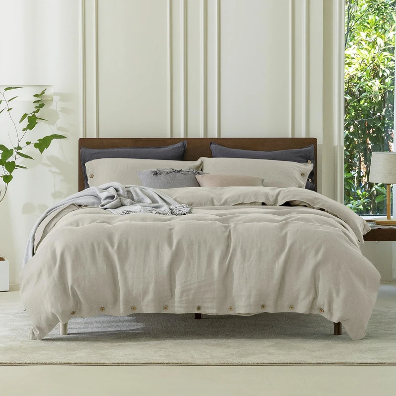 EVERLY 100% Pure Linen Duvet Cover Set Oversized King120X98Inch 3pcs (1 Duvet Cover,2 Pillowcases) Soft and Breathable for All Season with Coconut Button Closure, Suitable for Hot Sleepers-Linen