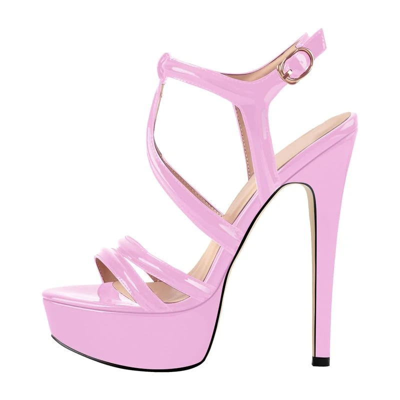 MissHeel Women's Open-back Stiletto Platform Sandals Crisscross Buckle Strap Open Toe High Heel T-strap Sandals Pink Size 10