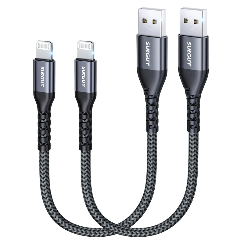 SUNGUY USB-A to Lightning Cable 15cm, 2Pack [MFi Certified] USB to Lightning Cable for Car, iPhone Charger Cord Nylon Braided Compatible with iPhone 14/13/12/11 Pro Max Mini X XS XR 8 Plus 10 SE iPad