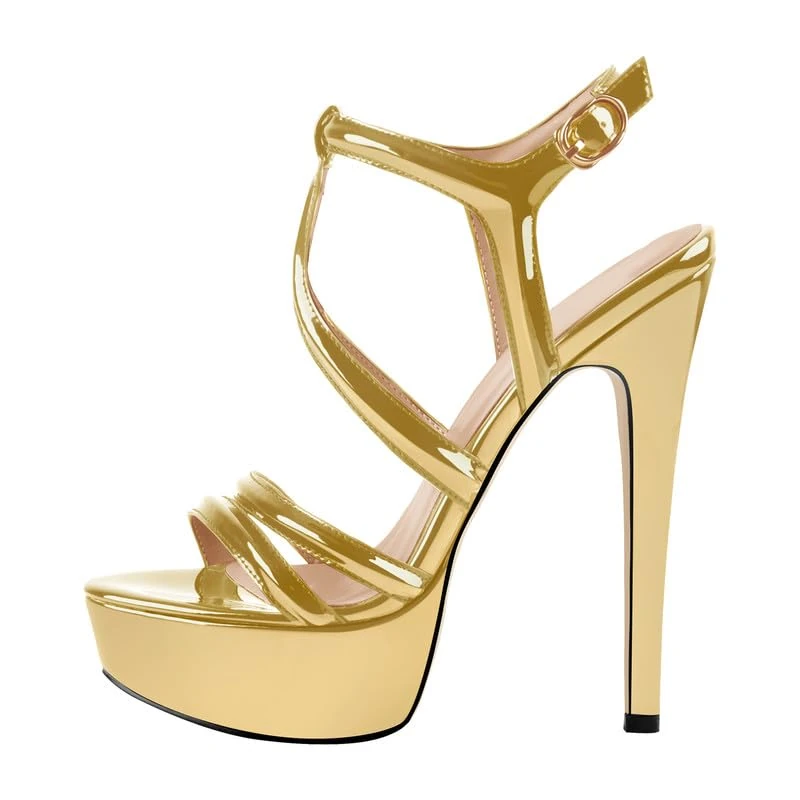 MissHeel Women's Open-back Stiletto Platform Sandals Crisscross Buckle Strap Open Toe High Heel T-strap Sandals Gold Size 10