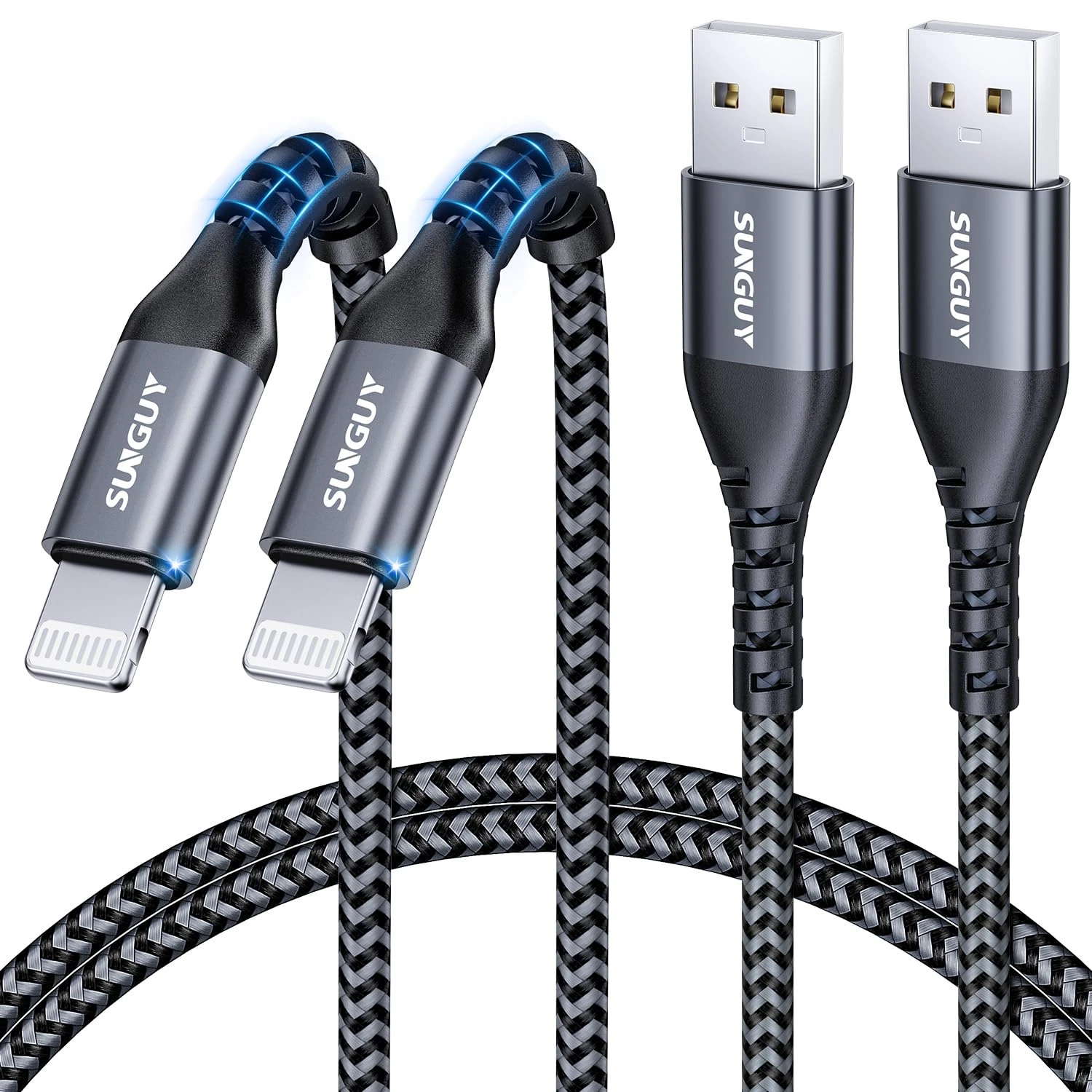 SUNGUY USB A to Lightning Cable 1M, 2Pack [MFi Certified] Carplay USB Lightning Cable, iPhone Charging Cord Nylon Braided Compatible with iPhone 14/13/12/11 Pro Max Mini X XS XR 8 Plus 10 SE iPad