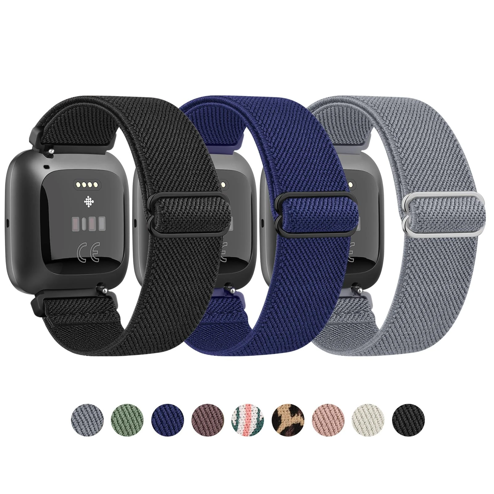 Yisica 3 Pack Elastic Solo Loop for Fitbit Versa 2 Strap for Women Men, Soft Adjustable Stretchy Nylon Sport Straps for Fitbit Versa 2/1/Lite/SE