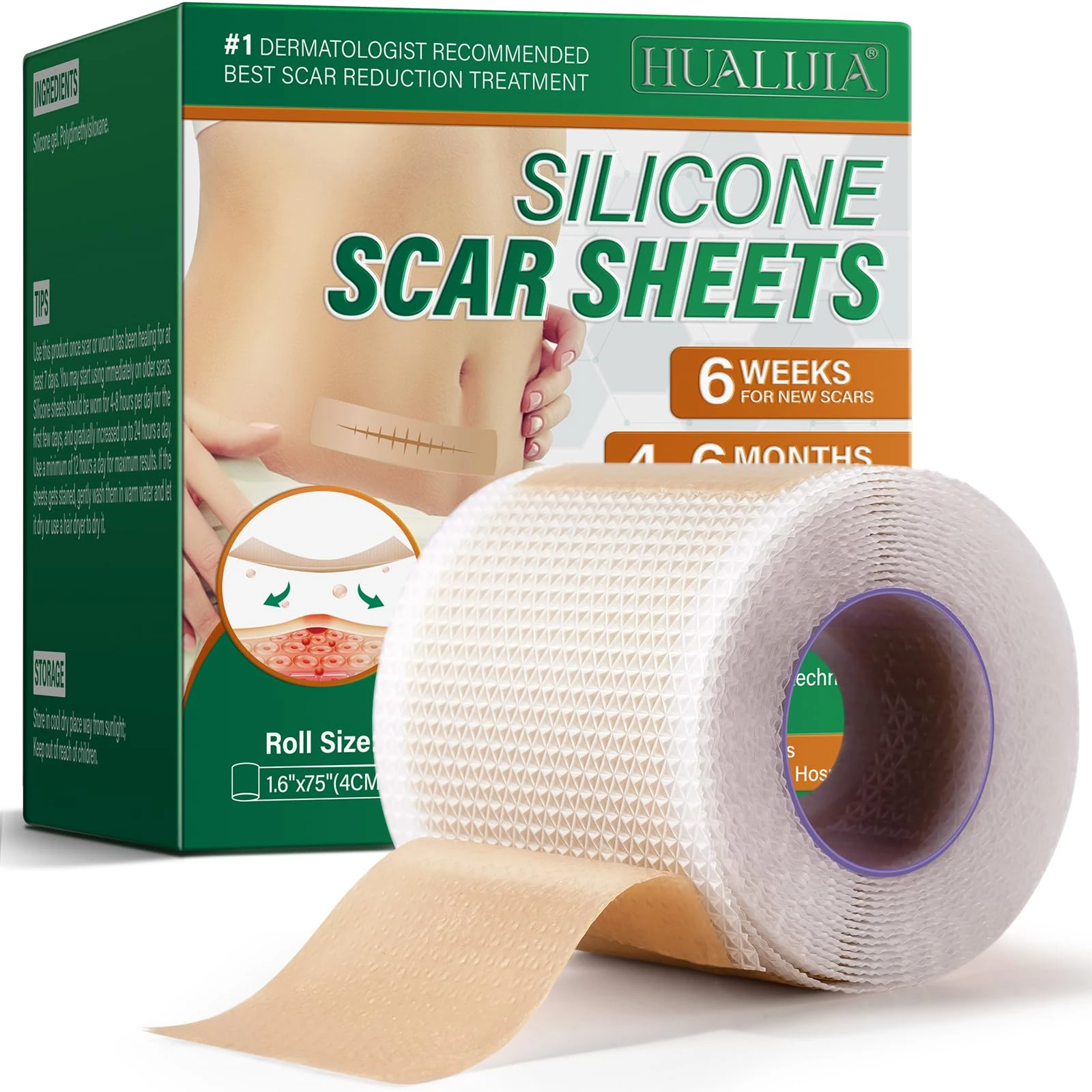 Silicone Scar Tape, Silicone Scar Sheets(1.6" x 75" Roll-1.9M), Medical Grade Scar Tape, Reusable Silicone Tape for Surgical Scar, C-Section, Keloid