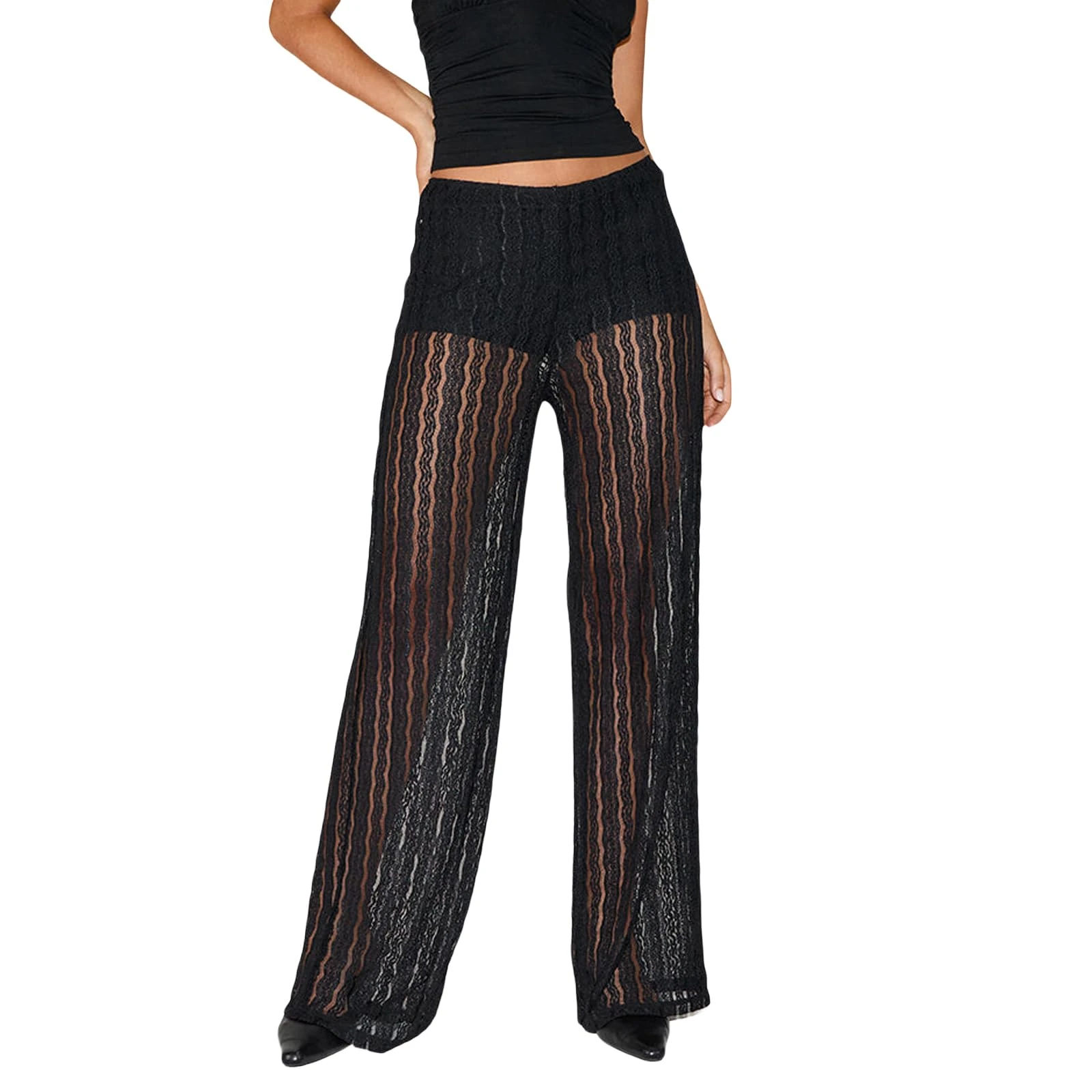 Felcia Women's Sexy See Through Lace Trousers Casual Stretchy Slim Hollow Out Long Trousers Y2k Streetwear (A-Black, L)