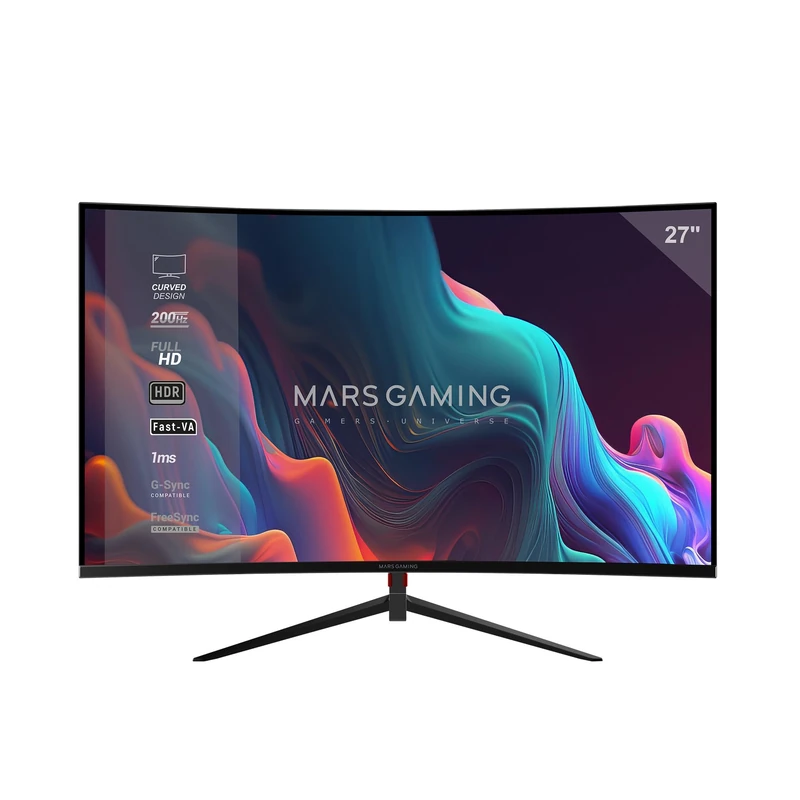 Mars Gaming MV-27C, Curved Gaming Monitor 27” FHD 1080p 200Hz, HDR10 1ms, FreeSync and G-Sync, Frameless PC Monitor, 20° Tilt, Low Blue Light and Flicker-Free, HDMI + DisplayPort + 3.5mm Jack, Black