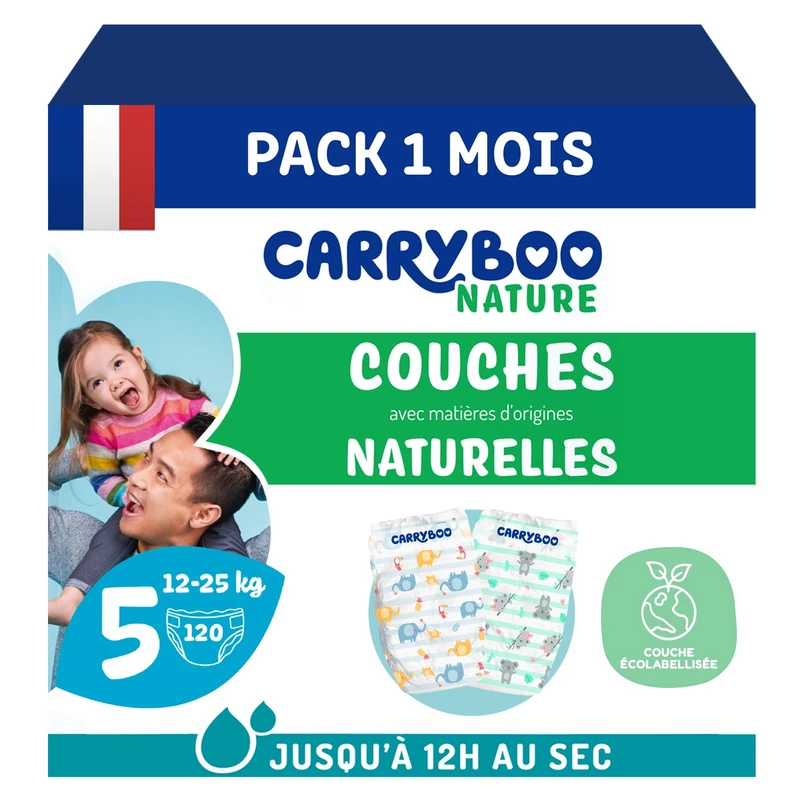 Carryboo - Nappies Size 5 12-25 kg - Ecological Baby Diapers - Natural, Hypoallergenic, Fragrance Free and Leak Proof - Made in France - 120 Disposable Nappies - 1 Month