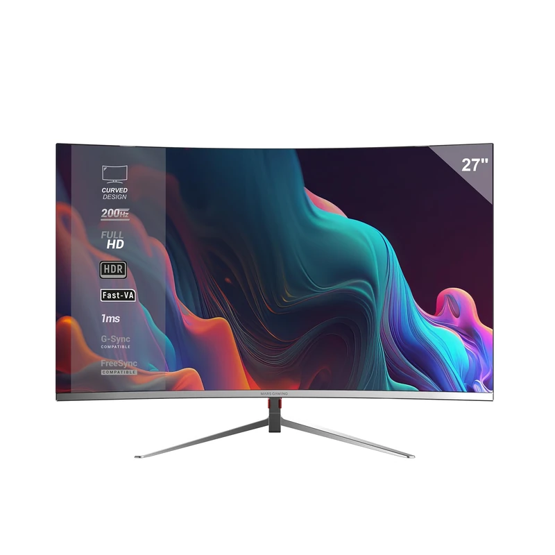 Mars Gaming MV-27C, Curved Gaming Monitor 27” FHD 1080p 200Hz, HDR10 1ms, FreeSync and G-Sync, Frameless PC Monitor, 20° Tilt, Low Blue Light and Flicker-Free, HDMI + DisplayPort + 3.5mm Jack, White