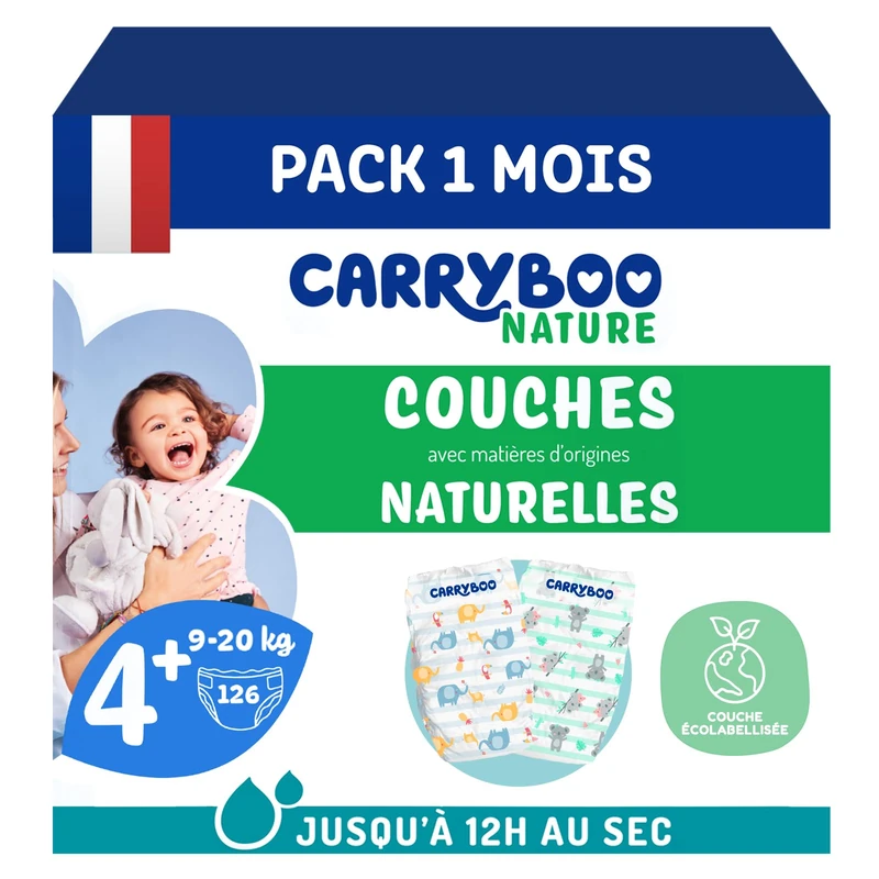 Carryboo - Nappies Size 4+ 9-20 kg - Ecological Baby Diapers - Natural, Hypoallergenic, Fragrance Free and Leak Proof - Made in France - 126 Disposable Nappies - 1 Month